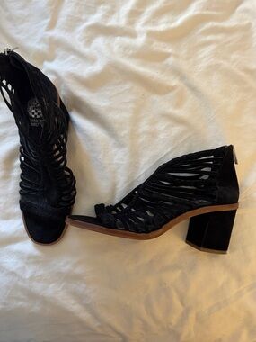 Vince Camuto Black Strappy Suede Block Heel Sandals